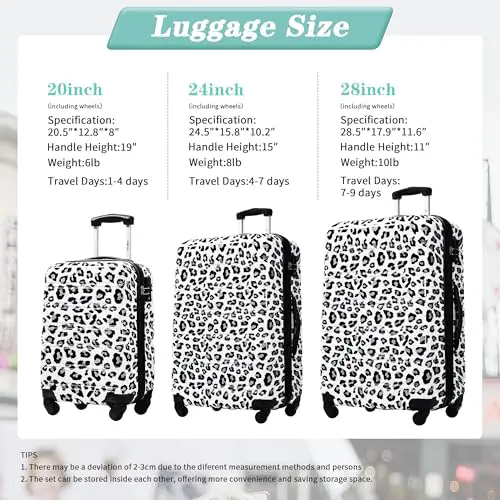 Merax 3 Piece Luggage Sets, Hardside Expandable Luggages Spinner Leopard Suitcase with TSA Lock Lightweight Rolling Carry on Luggage 20inch 24inch 28inch,Black +White Leopard