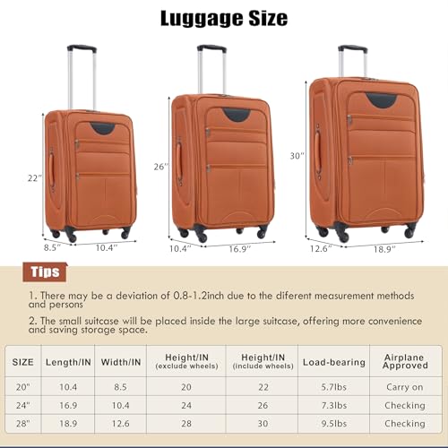 Lightweight Expandable Softside Luggage Sets 3 Piece, Large Capacity Travel Suitcase with Spinner Wheel, TSA Lock, Easy Access Design and Adjustable Telescoping Handle (Orange)
