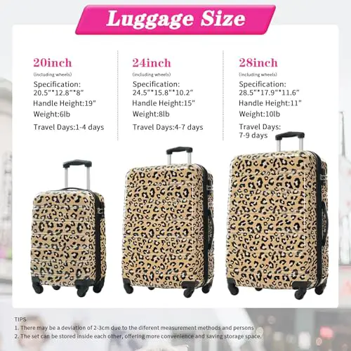 Leopard Luggage Sets with TSA Lock, Hardside Suitcase Sets 3 Piece with Spinner Wheels for Women Girls Teens Travel, Expandable, Lightweight (20”/24”/28”) (Brown Leopard)
