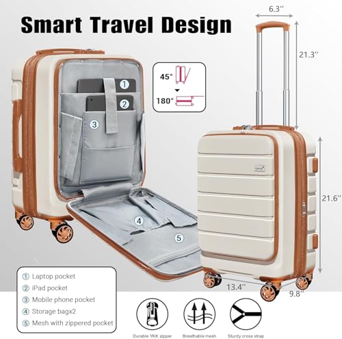 Explorer 20 inch Carry-On Luggage Set with TSA Lock, Lightweight Hardside Suitcase with Spinner Wheels, Expandable Checked Luggage with Front Pocket, Bonus Travel Backpack & Cosmetic Makeup Bag, White