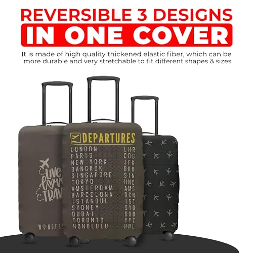 WanderWrap Reversible Luggage Covers & Protectors - Versatile & Washable Luggage & Suitcase Covers | Anti-Scratch Suitcase Cover (Charcoal Brown Departure Board, Large (65