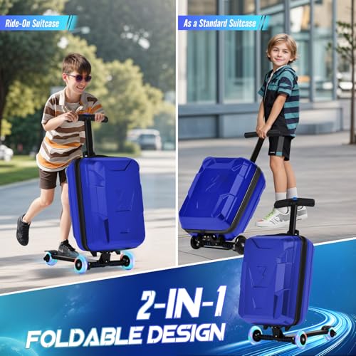 smilesun Scooter Suitcase for Kids & Adults, Foldable Carry On Travel Luggage, Hardside Ride on Scooter Suitcase with LED Light up Wheels，Blue