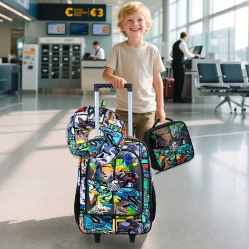 WZLVO 5PCS Kids Luggage for Boys,Cool Dinosaur Suitcase Rolling with Wheels,Travel Carry on for Children Toddler Elementary