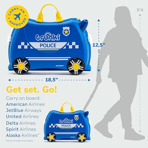 Trunki Ride-On Kids Suitcase | Tow-Along Toddler Luggage | Carry-On Cute Bag with Wheels | Airplane Travel Essentials: Percy Police Car Blue