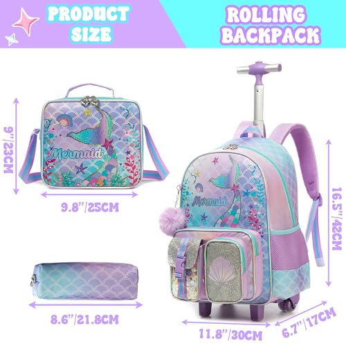 HTgroce Mermaid Rolling Backpack with Wheel,School Backpack for Kids Girl Roller Schoolbag Wheeled Backpacks Set Carry-on Luggage,Purple