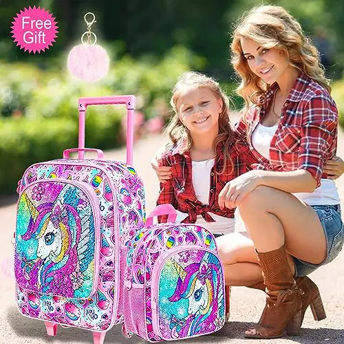 2Pcs Kids Suitcase for Girls, Carry on Rolling Luggage with Wheels, Unicorn Sequin Travel Suitcases Set with Toddler Backpack(Pink)