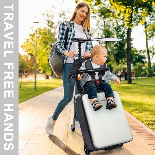 Bulyoou 20 Inch Carry on Luggage with Seat for Kids Expandable Ride on Suitcase with Spinner Wheels and Locks for Travel (White,Sunshade Style)