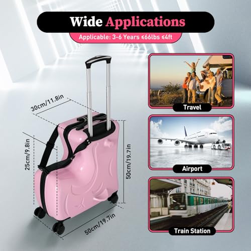 DNYSYSJ 20 Inch Children's Ride On Trolley , Portable Universal Wheel Carry On Luggage, Waterproof Unisex Boys Girls Travel Suitcase With Lock, ABS+PC (Pink)