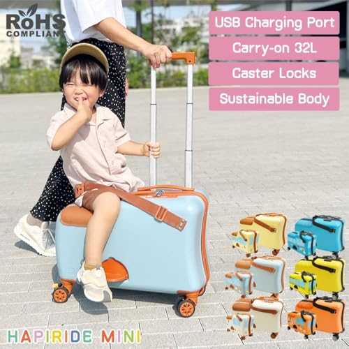 HAPIRIDE Kids ride-on Suitcase carry-on Tollder Luggage Sustainable Polycarbonate Body with USB Charging Port and TSA Lock and Wheels Suitcase to Kids aged 1