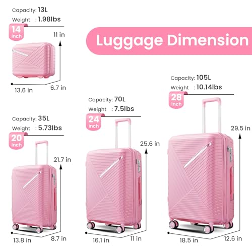 4 Piece Luggage Sets With Spinner Wheels, Expandable Lightweight Suitcase Tsa Lock Hard Shell Luggage Sets for Travel Family Luggage Set 14in/20in/24in/28in Pink