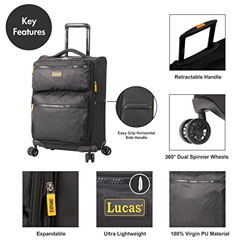 Lucas Ultra Lightweight Carry On - Softside 20 Inch Expandable Luggage - Small Rolling Bag Fits Most Airline Compartments - Durable 8-Spinner Wheels Suitcase (Black)