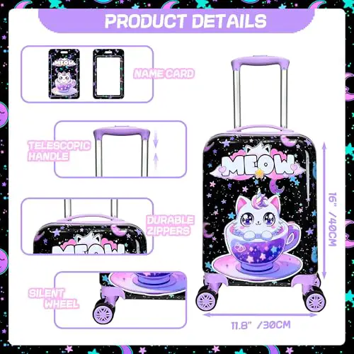 Inprof Kid's Luggage Set 5 Piece Suitcase Set 16' Hardside Spinner Wheels Girls Carry On Toddler Travel Rolling Airline Approved