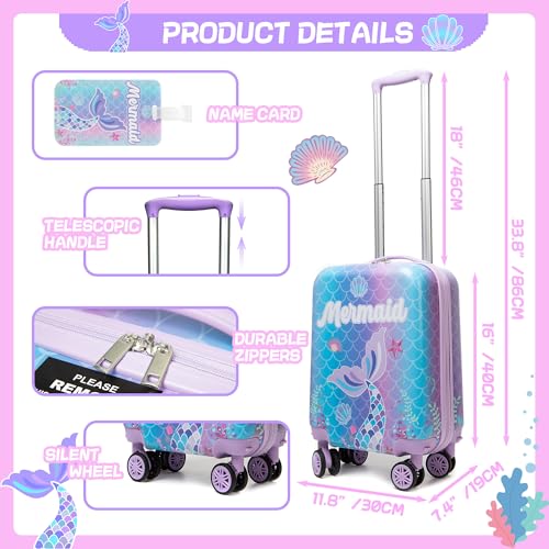 Inprof Cute Mermaid Kid’s Luggage Set 5 Piece Suitcase Set 16’’ Hardside Luggage with Spinner Wheels Girls Travel Rolling Luggage Carry on Luggage Airline Approved