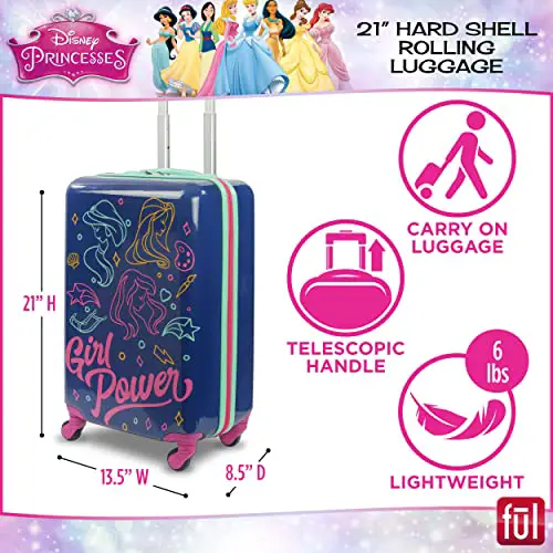 FUL Disney Princess Girl Power Kids Rolling Luggage, Hardshell Carry On Suitcase with Wheels, Blue
