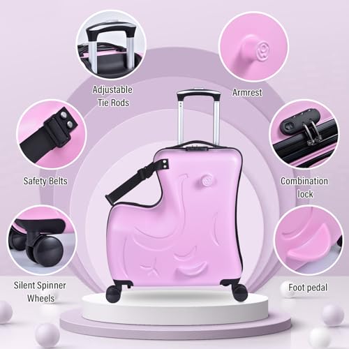 24 Inch Riding Trolley for Kids,Toddler Luggage Seat Ride with Lock | Kids Travel Suitcase with Safety Belt, Wheels for Toddler Airplane Travel, ABS+PC (Pink)