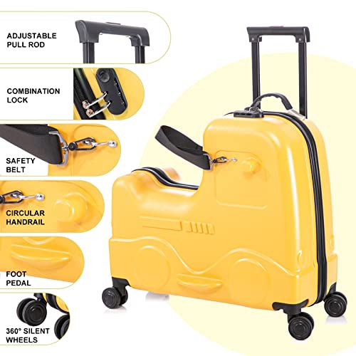 Fridtrip 22 inch Kids Ride On Luggage with Safety Belt,Check in Travel Luggage for Child with Combination Lock,Tollder Luggage with Spinner wheels and Cover (Yellow)