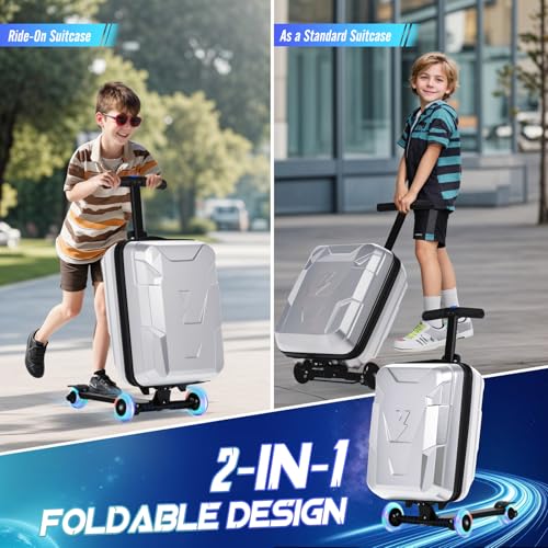 Scooter Suitcase for Kids & Adults, Foldable Carry On Travel Luggage, Hardside Ride on Scooter Suitcase with LED Light up Wheels，Silver