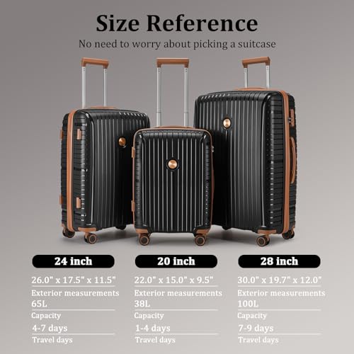 Joyway Luggage Sets 5 Piece PP Hardshell Carry on Suitcase, Travel Lightweight Carry-on with Double Spinner Wheels and TSA Lock, Black Brown