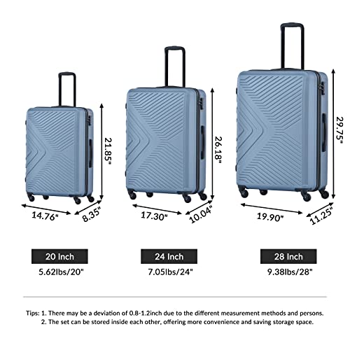 3 Piece Luggage Set,Travel Suitcase&Hard Shell Suitcases&Rolling Suitcase,Hardshell Luggage Sets with Spinner Wheels,Two Hooks,TSA Lock,Adjustable Pull Rod,Small&Lardge, ABS (20/24/28) (Blue)