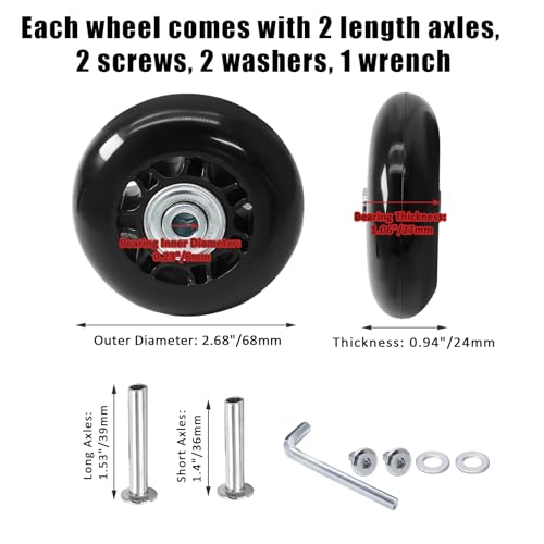 Suiwotin 2pcs 68 x 24mm Luggage Wheels, Black Rubber Suitcase Wheels Repair Kit, Smooth Luggage Replacement Parts for Carry-on Roller Bag, Suitcase, Trolley