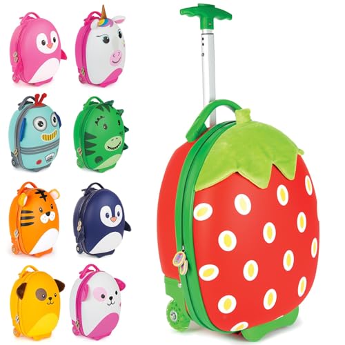 boppi Tiny Trekker Kids Luggage Travel Suitcase Carry On Cabin Bag Holiday Pull Along Trolley Lighweight Wheeled Holdall 17 Litre Hand Case American Airlines Underseat Compliant - Strawberry