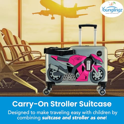 Younglingz LIL FLYER GO Version 2 Ride On Suitcase for Kids | Carry On Luggage with Toddler Seat, Foldable Handlebars, Pedals, and Removable Wheels | Holds up to 80 lbs | Pink Motorcycle | Ages 2