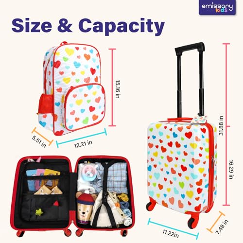 emissary 3 Piece Kids Luggage Set With Wheels For Girls, Childrens Luggage with Backpack Kids Suitcases For Girls, Toddler Travel Luggage