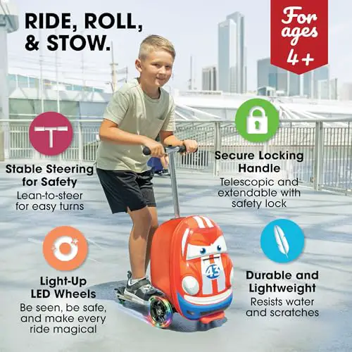 Kiddietotes 3-D Hardside Scooter Ride On Suitcase for Kids - Cute Lightweight Kids Luggage with Wheels - Fun LED Lights