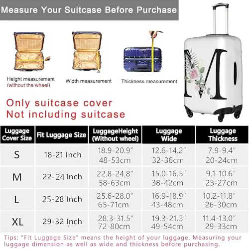 HAUYE Flower Letter S White Luggage Cover Elastic Washable Stretch Suitcase Protector Anti-Scratch Travel Suitcase Cover for Kid and Adult L (25