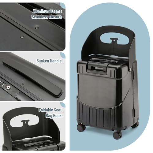Fridtrip 20 Inch Carry On TSA Lock Luggage for Kids& Adult,Lockable Spinner Wheels Free Luggage Cover and Safety Seatbelt Travel Suitcase(Carry-On TSA Luggage with Child Seat Black)