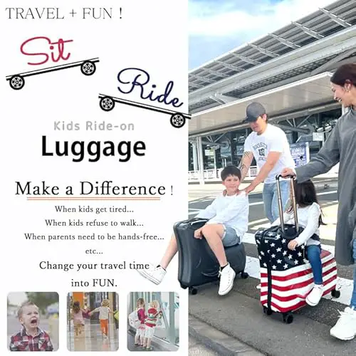 Paranino 24 Inch Children's Ride On Trolley Luggage, American Flag, Waterproof Unisex Boys Girls Kids Toddler Travel Suitcase with Lock Rideable Luggage, ABS+PC