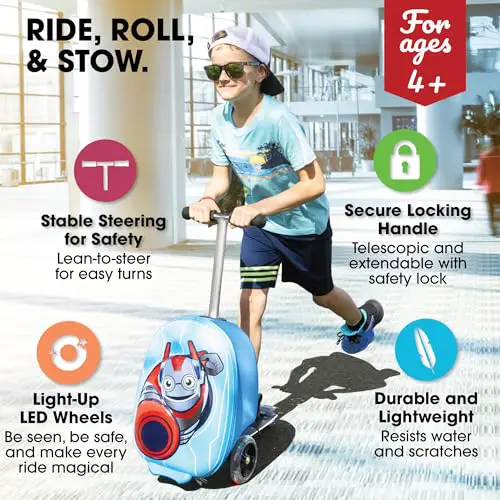 KIDDIETOTES Hardshell Kids Suitcase Scooter - Airline Approved Suitcase with Scooter - Foldable with LED Light-Up Wheels