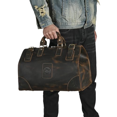 Handadsume Canvas + Leather Travel Luggage Tote Duffle Gym Suitcase Weekender Overnight Bag For Men Male FB8151 (8151-Dark Brown1)
