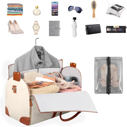 BAYUNOE Garment Bags for Travel Convertible Suit Duffle Bag Large Capacity Foldable Clothing Bag Waterproof Luggage Dress Bag for Traveling Gym-Beige