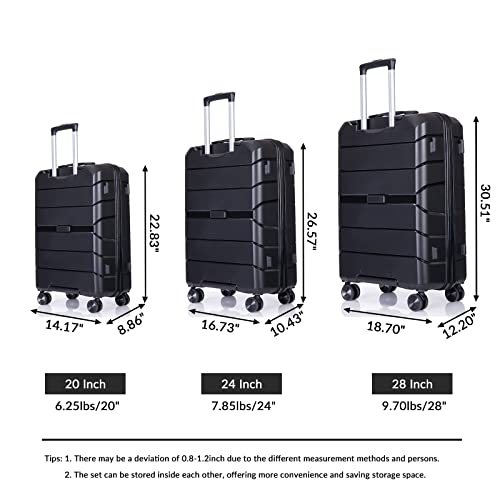 SPOFLYINN 3 Pieces Luggage Sets Hardshell Suitcase Set with Spinner Wheels and TSA Lock, Carry On Luggage Suitcase for Travel (20/24/28) Black As Shown One Size