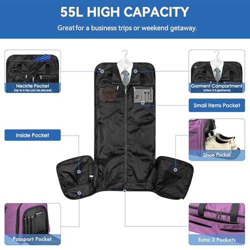 Bukere Carry on Garment Duffle Bag for Travel, Convertible Suit Bag with Backpack Shoulder Straps, Shoe Compartment, Waterproof 3 in 1 Weekender Suit Bag for Men Women