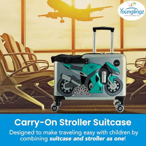 Younglingz LIL FLYER GO Version 2 Ride On Suitcase for Kids | Carry On Luggage with Toddler Seat, Foldable Handlebars, Pedals, and Removable Wheels | Holds up to 80 lbs | Green Motorcycle | Ages 2