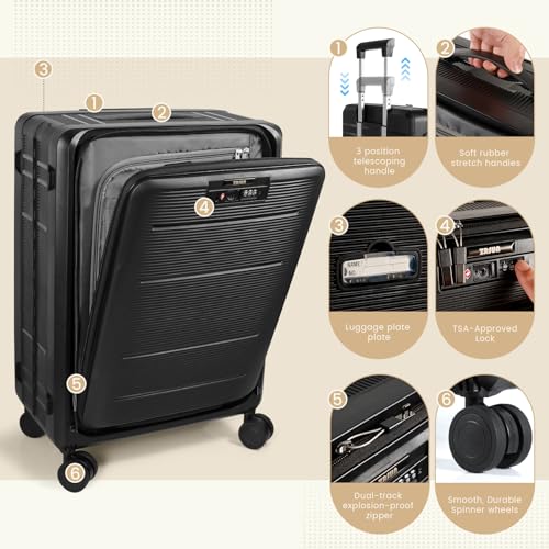 ZRSUN 20-Inch Lightweight Collapsible Expandable Carry-On Suitcase – Water and Impact Resistant, Silent Double Spinner Wheels, Airline Approved (Black)