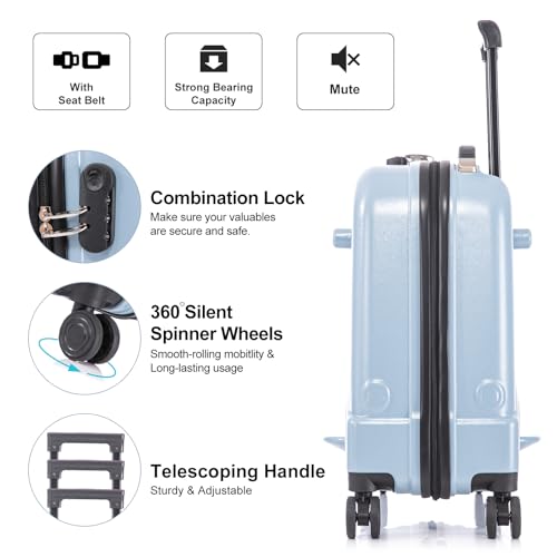 Apelila 22 inch Ride on Suitcase for Kids Travel Trolley Luggage with Spinner Wheels Travel Suitcase for Child with Combination Lock/Safety Belt/Telescoping Handle (Blue)