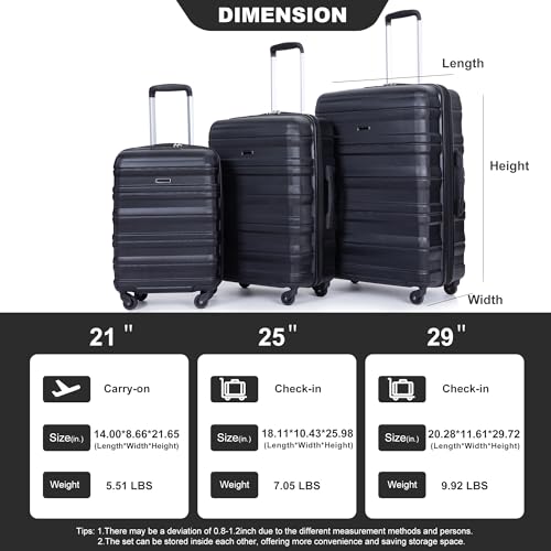 CuisinSmart 3 Piece Luggage Set,Hardshell Suitcase Set with Spinner Wheels & TSA Lock,Expandable Lightweight Travel Luggage Set of 3,Carry On Luggage Suitcase for Women Men Family Black 5