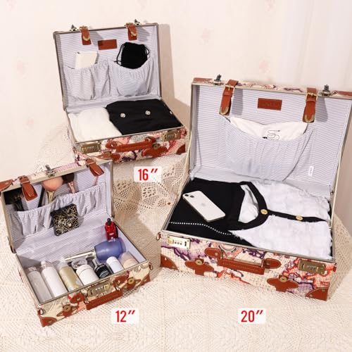 urecity Vintage and Cute Carry-on Overnight Case Non-wheeled Mini Leather Trunk Suitcase with Shoulder Strap, Victorian Map Print