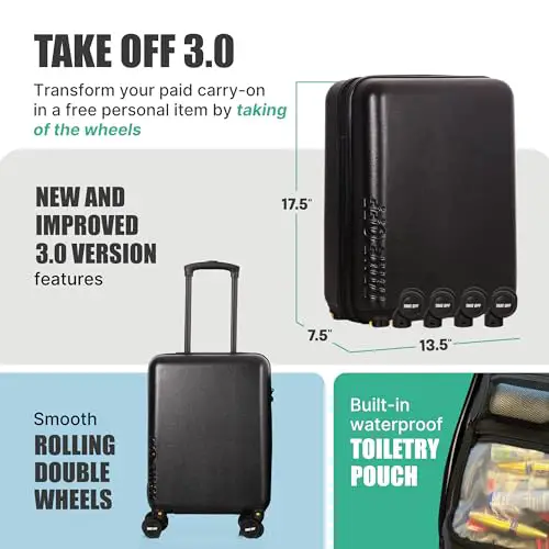 Take OFF Luggage Personal Item 3.0 – 18x14x8 Underseat Carry On with Removable Wheels – TSA Lock, Hardshell Suitcase – Fits Tight Airline Size Rules – No-Fee Lightweight Travel Bag