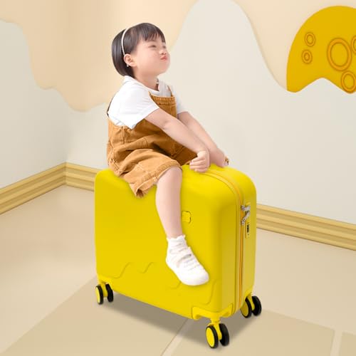 23.6 Inch Kid Ride On Suitcase, Ride-on Luggage with 4 Universal Wheels Kids Travel Luggage with Lock for Boys Girls Children's Day Gift, Festival Gift (Yellow with Cute Small Ears)