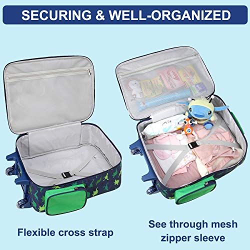 VASCHY Rolling Luggage for Kids, Cute Travel Carry on Suitcase for Boys Toddlers/Children with Wheels 18inch Dinosaur