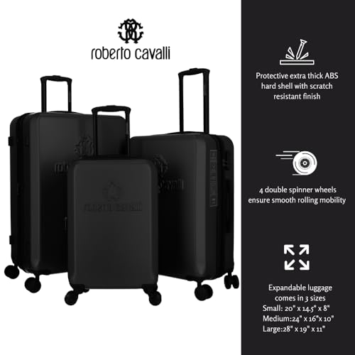 ROBERTO CAVALLI Luxury 3 Piece Luggage Set, Expandable Hard Shell Suitcases with 8 Spinner Wheels, Combination Lock Large Suitcase Set for Men and Woman- Black