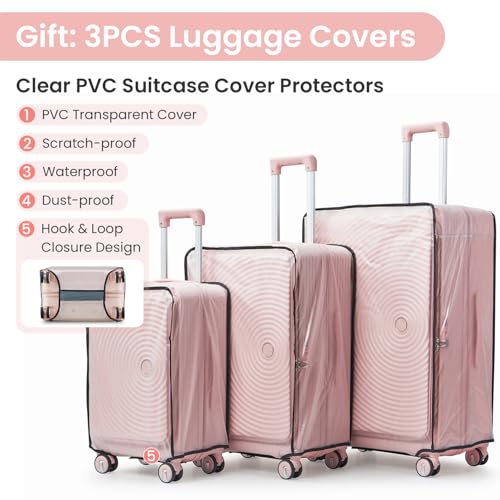 Campfun Luggage 3 Piece Sets, PC Lightweight 20in/24in/28in Luggage, Expandable Carry On Suitcase Set with TSA Lock & Double Wheels, Front Open Hardshell Luggage Sets with PVC Cover, Pink
