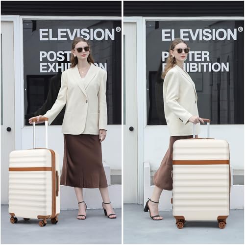 Kono Expandable 28 - Inch Large Checked Luggage: ABS+PC Hardside Trolley Travel Case - Hard Shell Suitcase with TSA Lock, Cream - Brown
