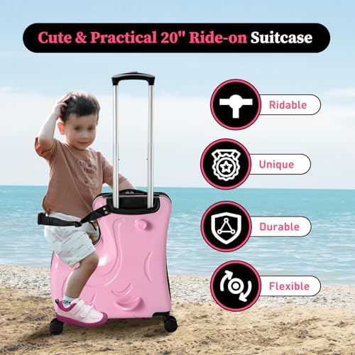 LyeXD 20 Inch Ride on Suitcase for Kids, Portable Children's Travel Trolley Case w/Combination Lock&Universal Wheel, Waterproof Unisex Travel Suitcase for Children up to 6 Years Old (Pink)