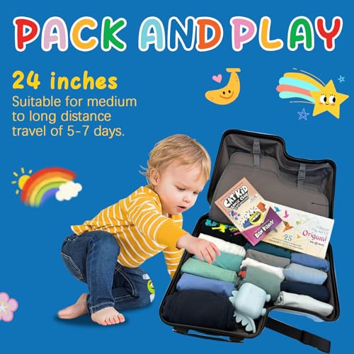 24Inch Ride on Suitcase for Kids, Handheld Toddler Luggage with Wheels, Riding Rolling Luggage with Safety Belt to Kids Aged 3