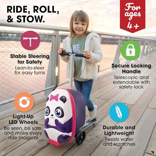 KIDDIETOTES Ride-On Scooter Suitcase for Kids – Hardside Lightweight Carry-On Luggage with Foldable Scooter, LED Wheels, Travel Fun for Toddlers & Children